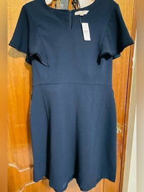 LOFT Navy Flutter-Sleeve Fit-and-Flare Dress